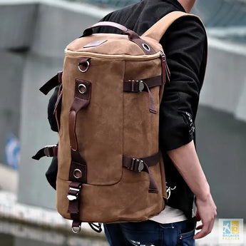 1pc Men’s Fashion Canvas Backpack Travel Large Capacity Outdoor Casual Cylinder Bag