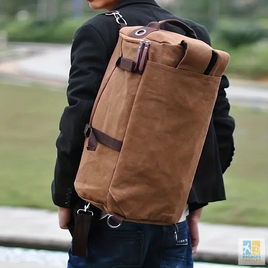 1pc Men’s Fashion Canvas Backpack Travel Large Capacity Outdoor Casual Cylinder Bag