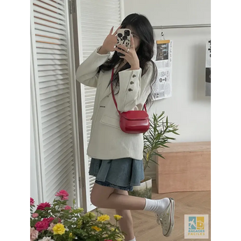 Crescent Small Square Bag Women’s Simple Mobile Phone Bag Lady PU Retro Ins Red Saddle Bag Tote Released Fashion