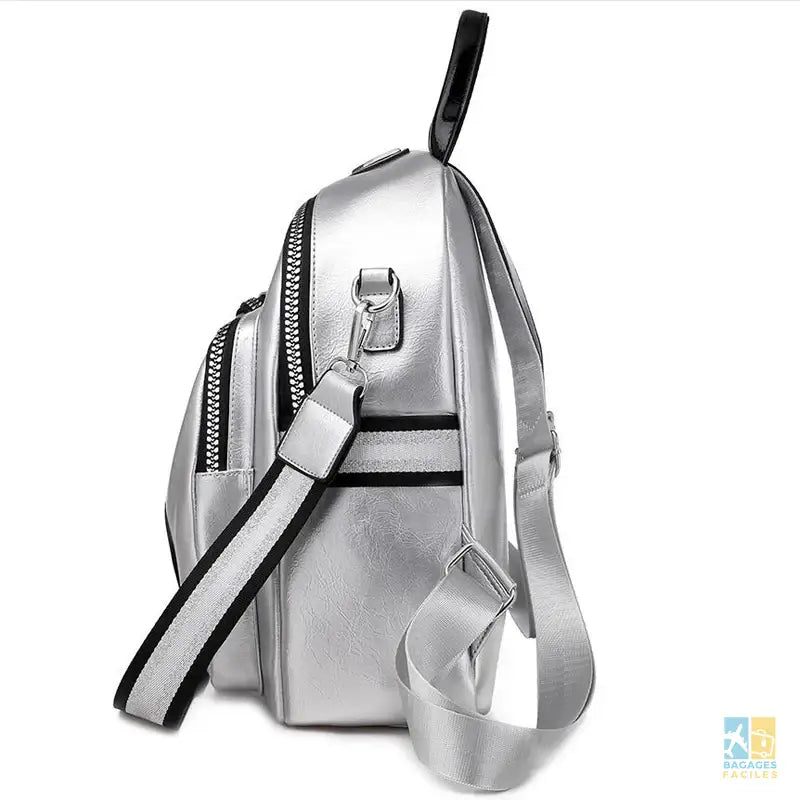 Sac à dos femme PU léger solide pratique noir argent