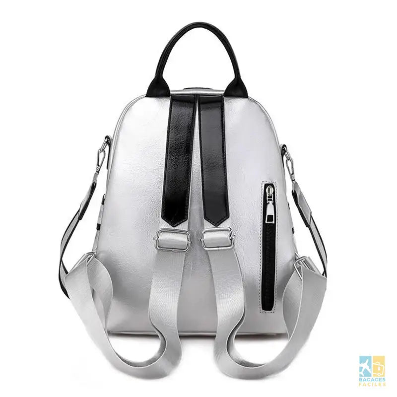 Sac à dos femme PU léger solide pratique noir argent