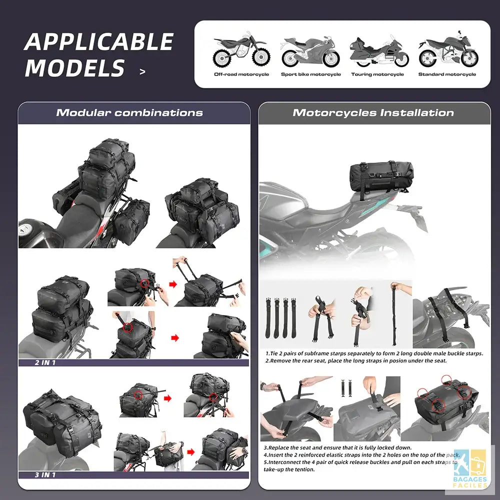 Sac moto Rhinowalk 100% étanche 8L 15L 30L léger et pratique