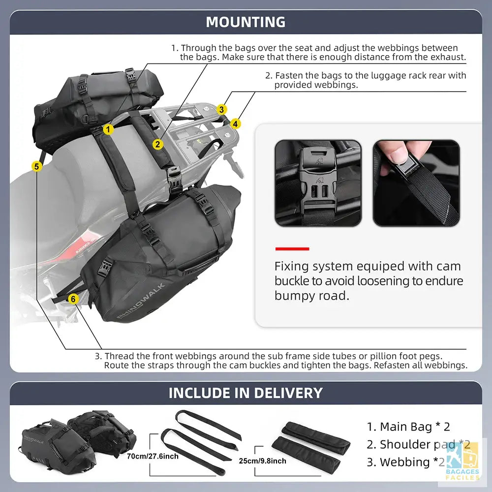 Sacoche moto Rhino 18L/28L/48L étanche 30x25x15 cm robuste