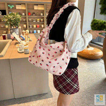 Strawberry Printed Shoulder Bag Women Cute Pleated Corduroy Cross Body Messenger Bag Large Capacity Female Travel