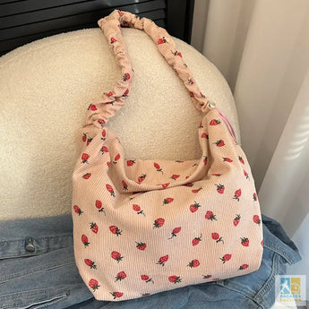 Strawberry Printed Shoulder Bag Women Cute Pleated Corduroy Cross Body Messenger Bag Large Capacity Female Travel