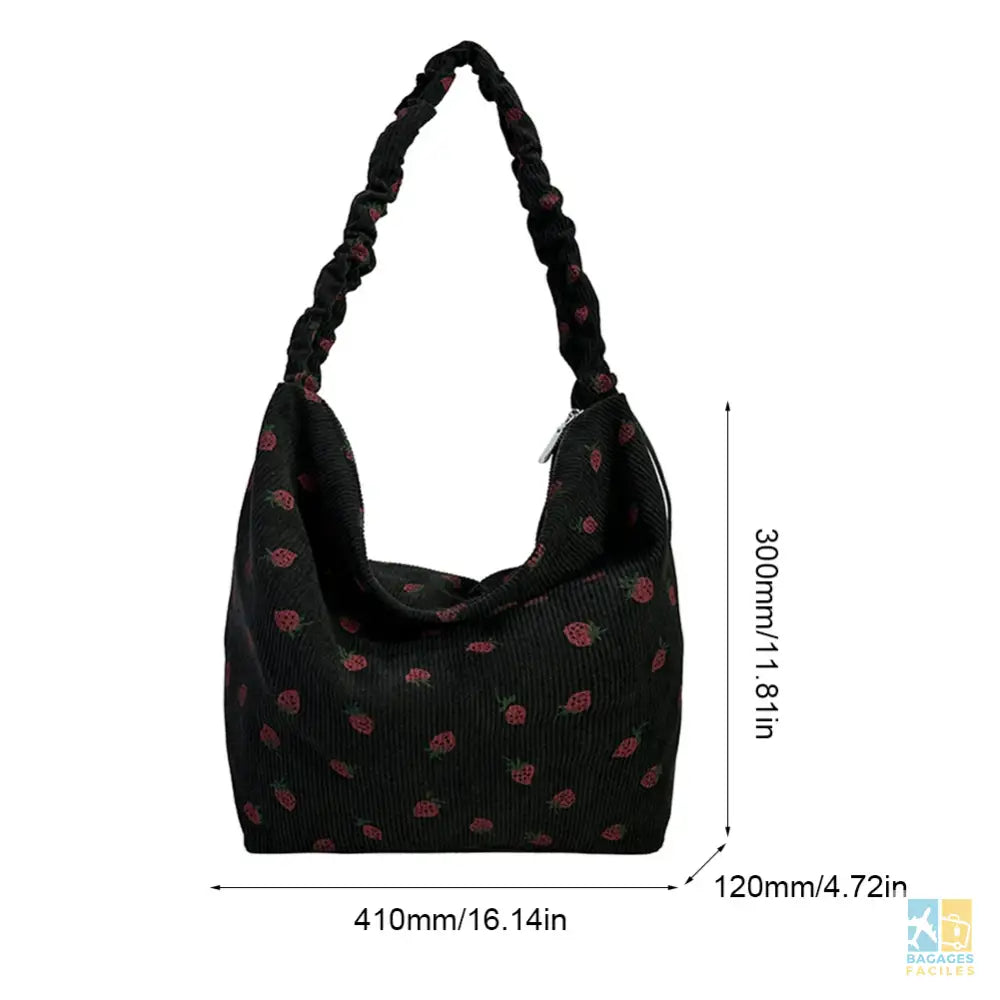 Strawberry Printed Shoulder Bag Women Cute Pleated Corduroy Cross Body Messenger Bag Large Capacity Female Travel