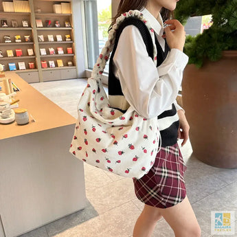 Strawberry Printed Shoulder Bag Women Cute Pleated Corduroy Cross Body Messenger Bag Large Capacity Female Travel