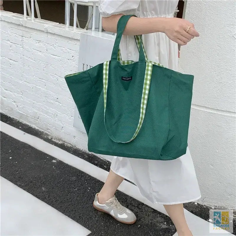 Women Canvas Shoulder Bags Plaid Double-side Large Capacity Handbags Female Shopping Portable Lazy All-match Foldable