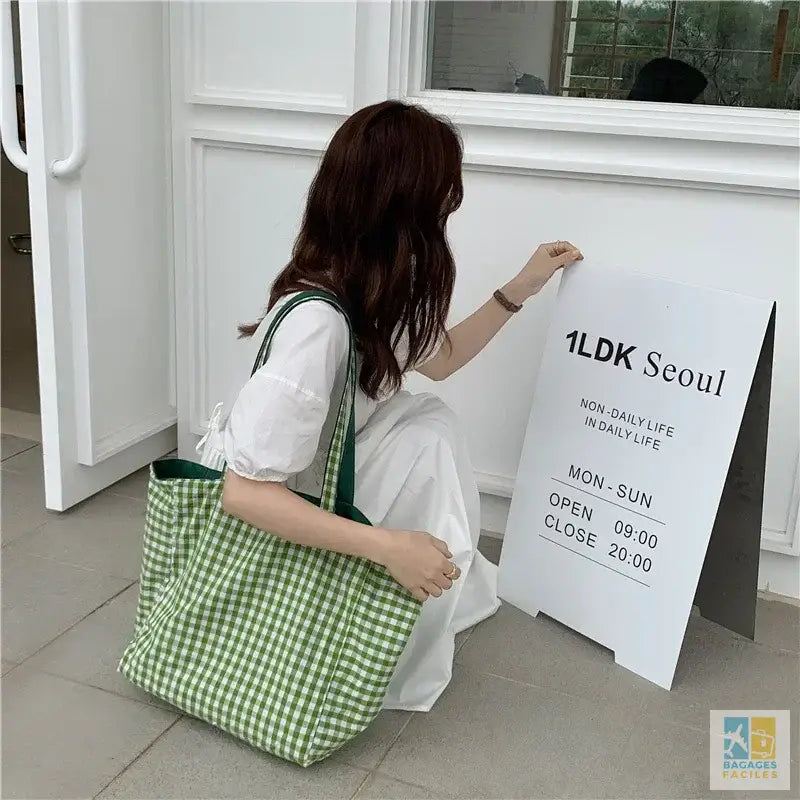 Women Canvas Shoulder Bags Plaid Double-side Large Capacity Handbags Female Shopping Portable Lazy All-match Foldable